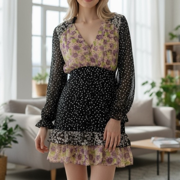 ASOS Floral Print Ruched Long Sleeves Mini Dress Size 2 - Picture 1 of 9